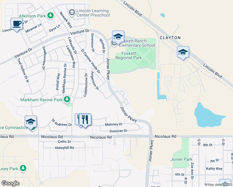 map of restaurants, bars, coffee shops, grocery stores, and more near 2504 Las Palomas Loop in Lincoln