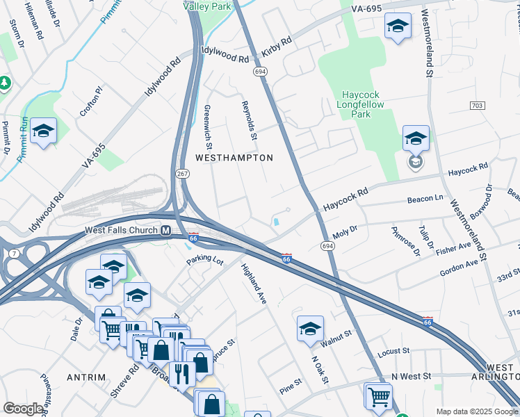 map of restaurants, bars, coffee shops, grocery stores, and more near 2207 Grayson Place in Falls Church