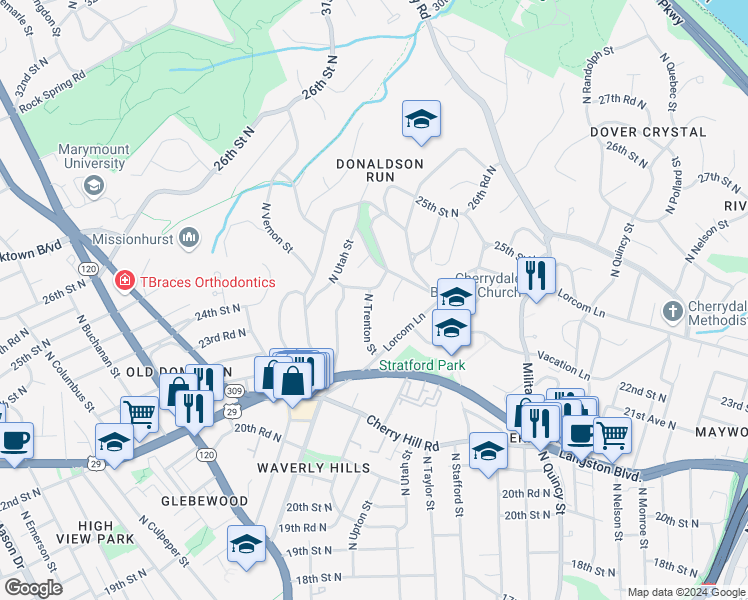 map of restaurants, bars, coffee shops, grocery stores, and more near 2319 North Trenton Street in Arlington