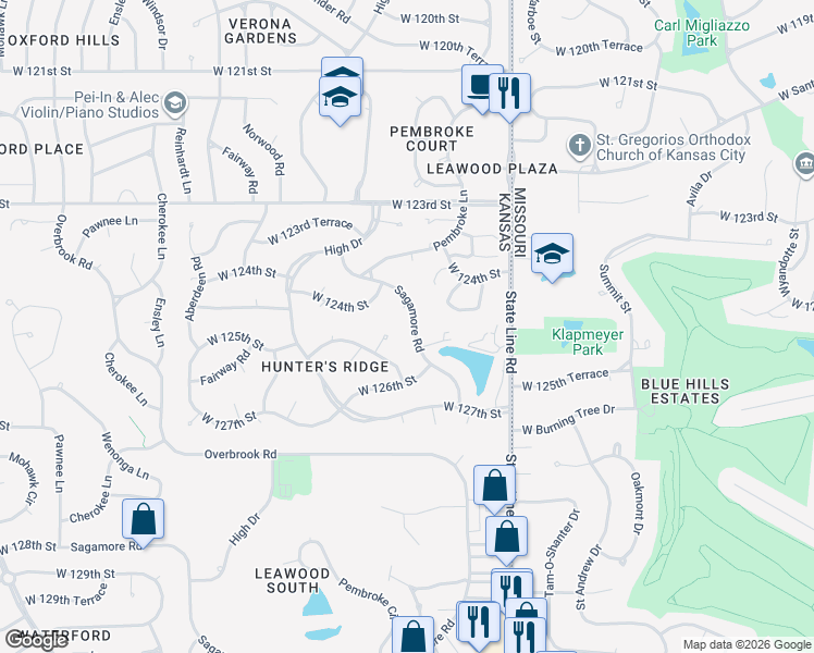 map of restaurants, bars, coffee shops, grocery stores, and more near 12408 Sagamore Road in Leawood
