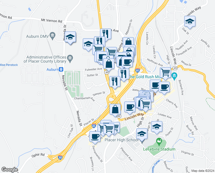 map of restaurants, bars, coffee shops, grocery stores, and more near 295 Placer Street in Auburn