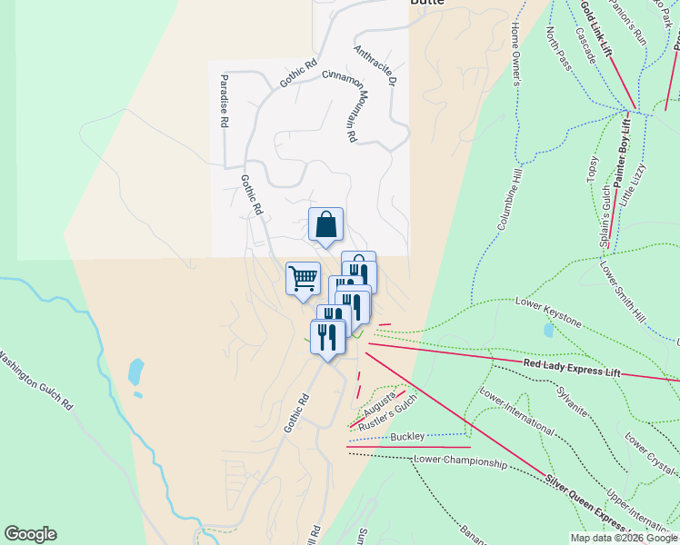 map of restaurants, bars, coffee shops, grocery stores, and more near 39 Whetstone Road in Crested Butte