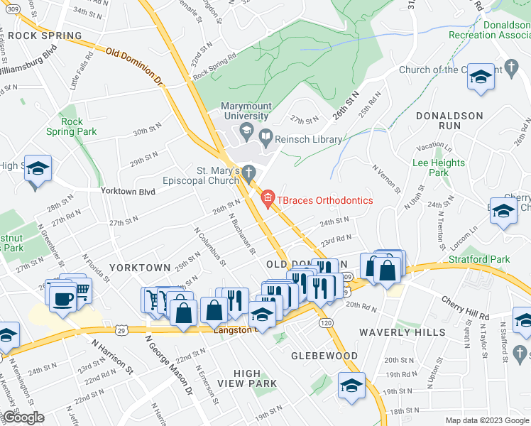 map of restaurants, bars, coffee shops, grocery stores, and more near 2501 North Glebe Road in Arlington