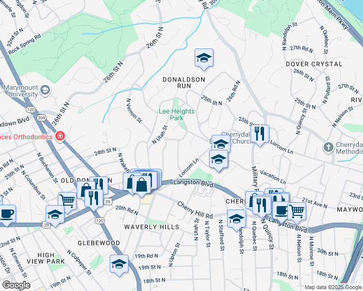 map of restaurants, bars, coffee shops, grocery stores, and more near 2319 North Trenton Street in Arlington