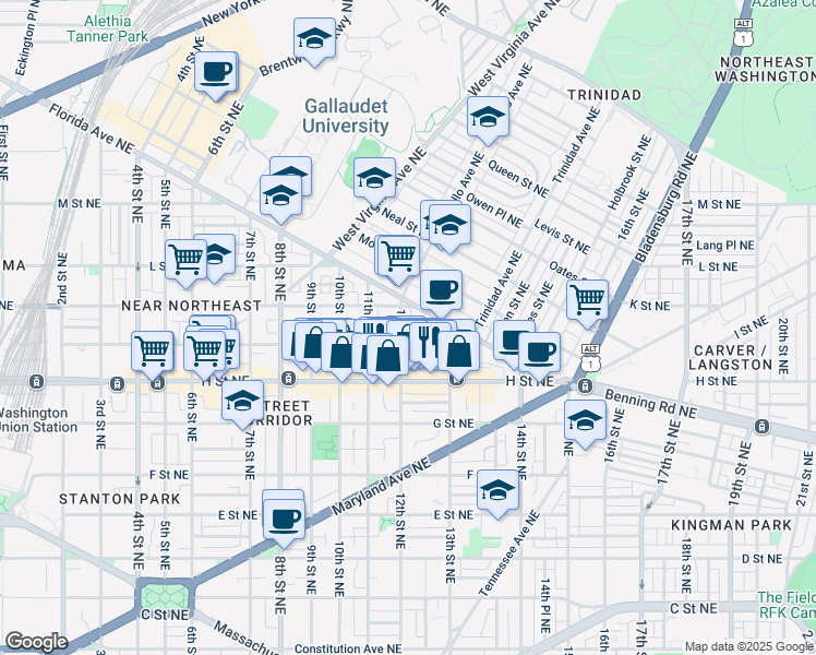 map of restaurants, bars, coffee shops, grocery stores, and more near 915 12th Street Northeast in Washington