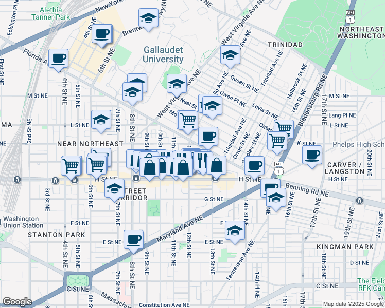 map of restaurants, bars, coffee shops, grocery stores, and more near 915 12th Street Northeast in Washington