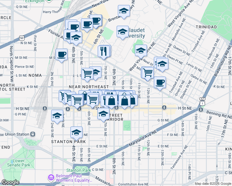 map of restaurants, bars, coffee shops, grocery stores, and more near 101 Independence Avenue Southeast in Washington