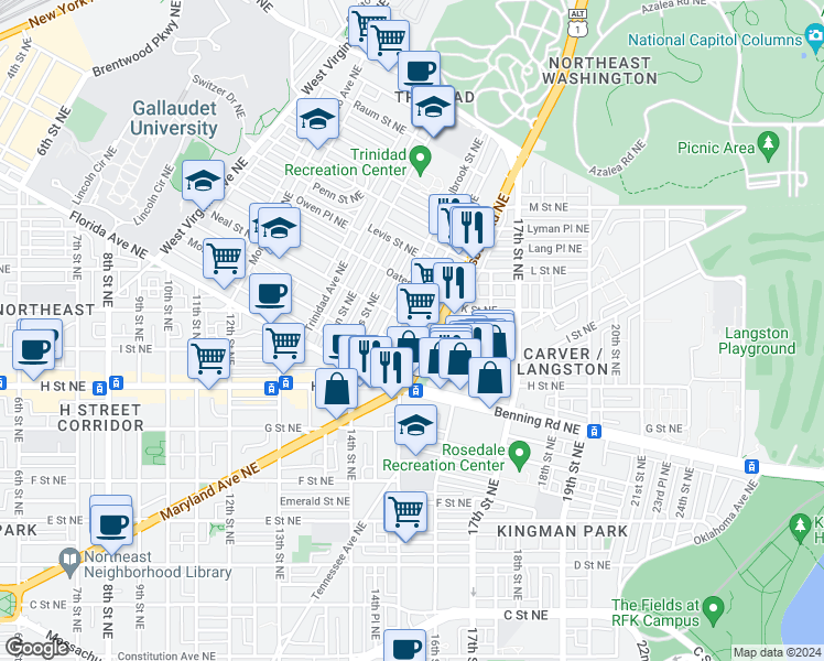 map of restaurants, bars, coffee shops, grocery stores, and more near 101 Independence Avenue Southeast in Washington