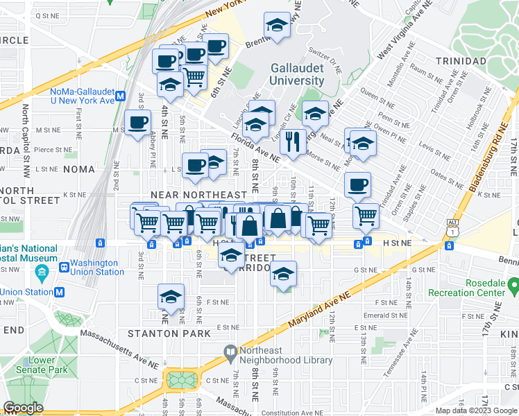 map of restaurants, bars, coffee shops, grocery stores, and more near 101 Independence Avenue Southeast in Washington