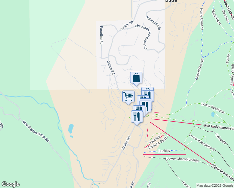 map of restaurants, bars, coffee shops, grocery stores, and more near 651 Gothic Road in Crested Butte
