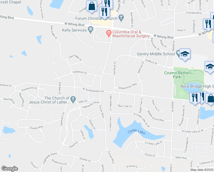 map of restaurants, bars, coffee shops, grocery stores, and more near 1006 Sheffield Court in Columbia