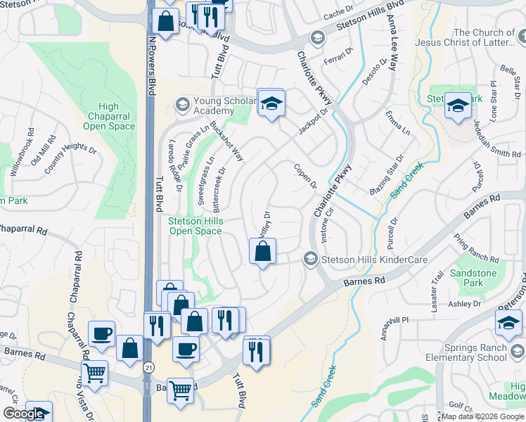 map of restaurants, bars, coffee shops, grocery stores, and more near 4860 Findon Place in Colorado Springs