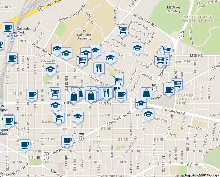 map of restaurants, bars, coffee shops, grocery stores, and more near 101 Independence Avenue Southeast in Washington