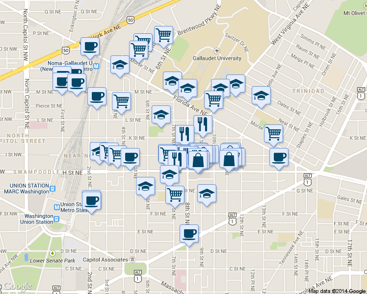 map of restaurants, bars, coffee shops, grocery stores, and more near 101 Independence Avenue Southeast in Washington