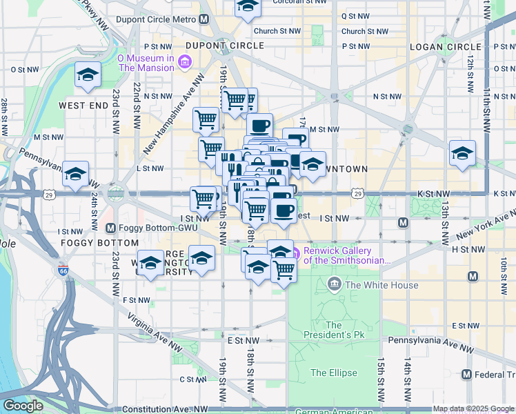 map of restaurants, bars, coffee shops, grocery stores, and more near 101 Independence Avenue Southeast in Washington