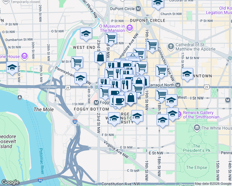 map of restaurants, bars, coffee shops, grocery stores, and more near 101 Independence Avenue Southeast in Washington