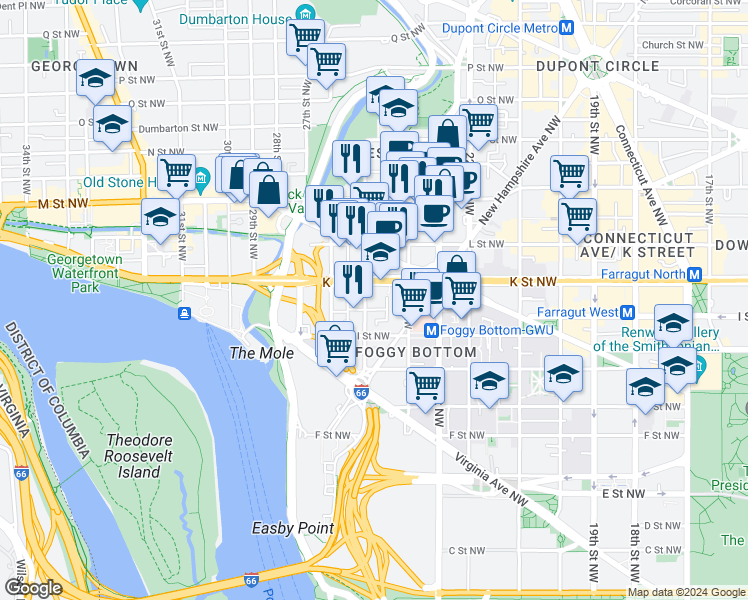map of restaurants, bars, coffee shops, grocery stores, and more near 101 Independence Avenue Southeast in Washington