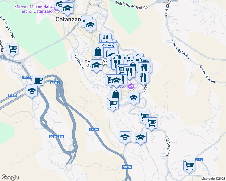 map of restaurants, bars, coffee shops, grocery stores, and more near 67 Vicolo Carbone in Catanzaro