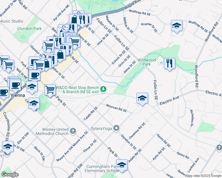 map of restaurants, bars, coffee shops, grocery stores, and more near 609 Valley Drive Southeast in Vienna