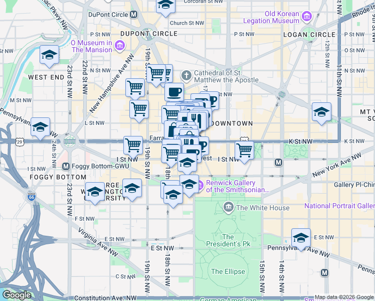 map of restaurants, bars, coffee shops, grocery stores, and more near 910 17th Street Northwest in Washington