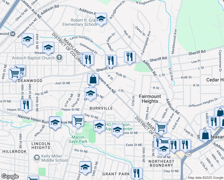 map of restaurants, bars, coffee shops, grocery stores, and more near Eastern Avenue Northeast & Hunt Place Northeast in Fairmount Heights