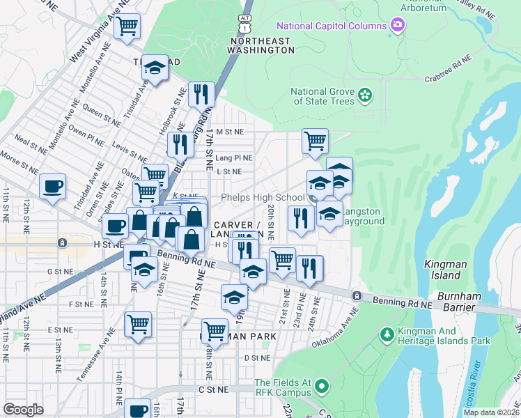 map of restaurants, bars, coffee shops, grocery stores, and more near 101 Independence Avenue Southeast in Washington