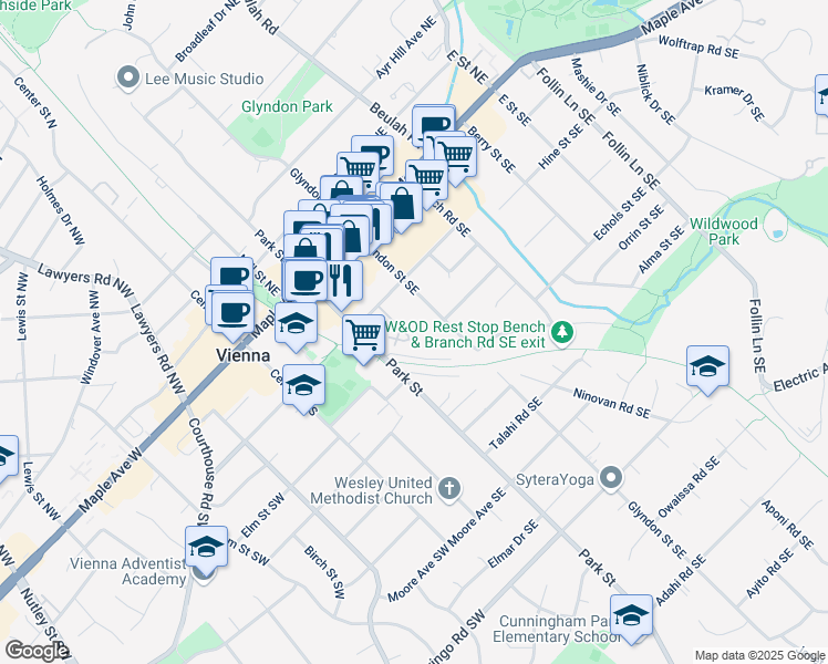 map of restaurants, bars, coffee shops, grocery stores, and more near 208 Park Terrace Court Southeast in Vienna