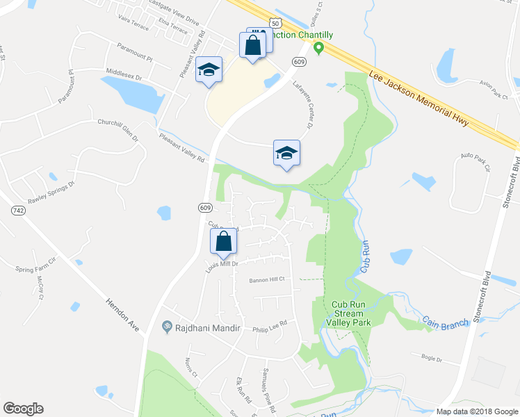 map of restaurants, bars, coffee shops, grocery stores, and more near 4307 General Kearny Court in Chantilly