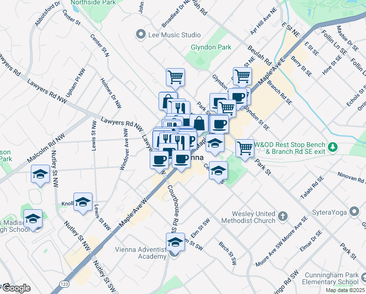 map of restaurants, bars, coffee shops, grocery stores, and more near 109 Center Street North in Vienna