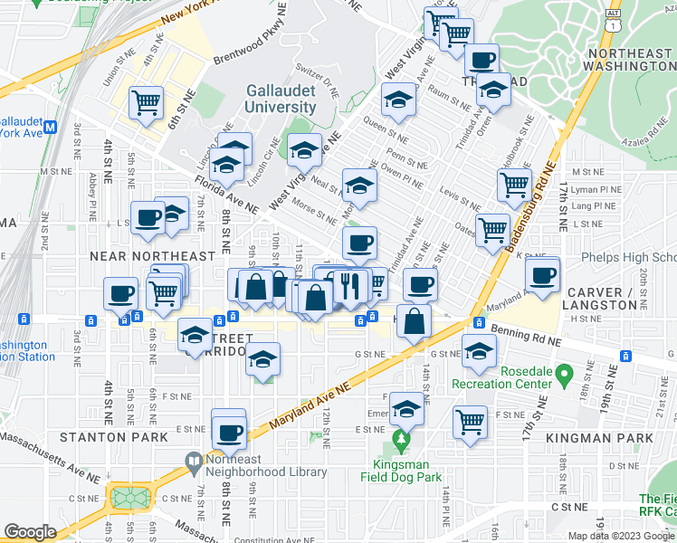 map of restaurants, bars, coffee shops, grocery stores, and more near 919 12th Street Northeast in Washington