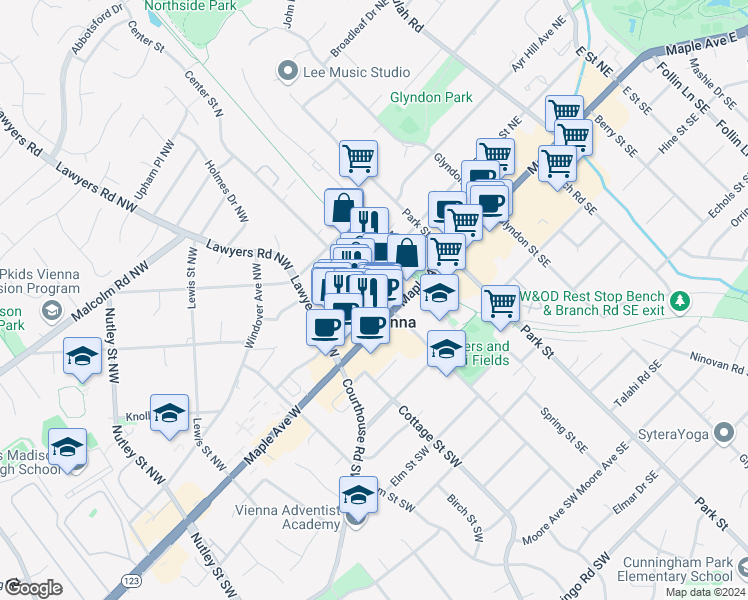 map of restaurants, bars, coffee shops, grocery stores, and more near 109 Center Street North in Vienna