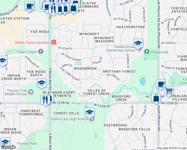 map of restaurants, bars, coffee shops, grocery stores, and more near 12502 South Alcan Circle in Olathe