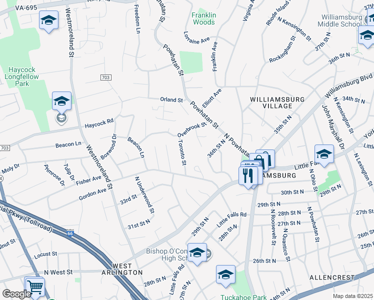map of restaurants, bars, coffee shops, grocery stores, and more near 2203 Toronto Street in Falls Church