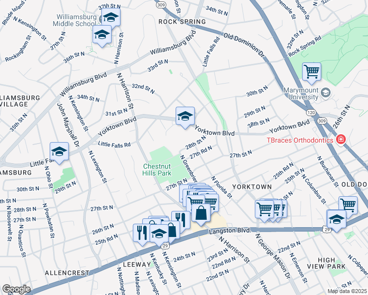 map of restaurants, bars, coffee shops, grocery stores, and more near 5201 28th Street North in Arlington