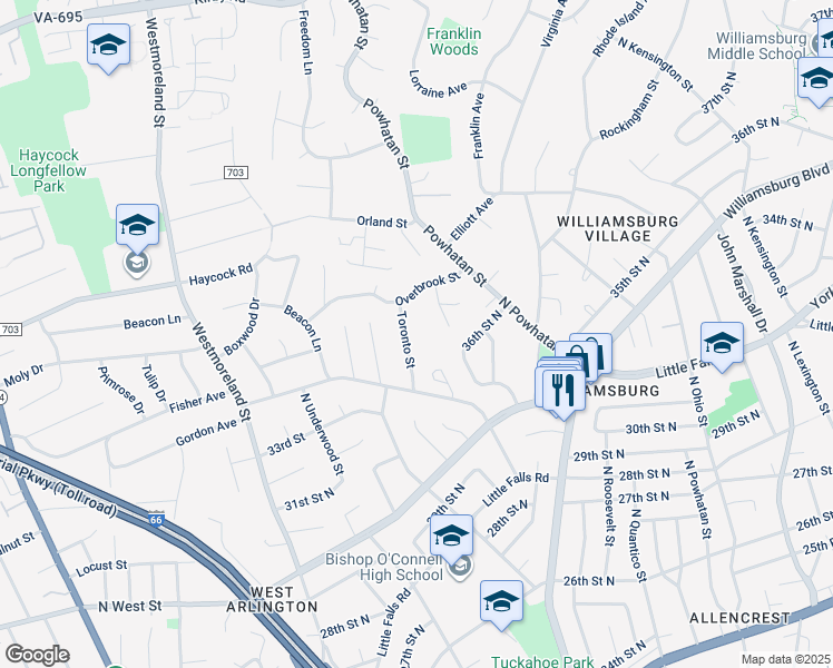 map of restaurants, bars, coffee shops, grocery stores, and more near 2203 Toronto Street in Falls Church