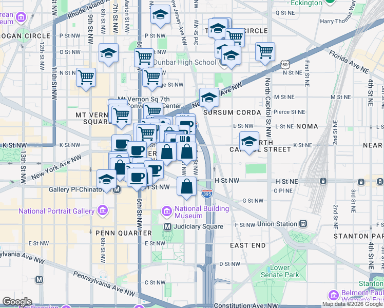 map of restaurants, bars, coffee shops, grocery stores, and more near 101 Independence Avenue Southeast in Washington