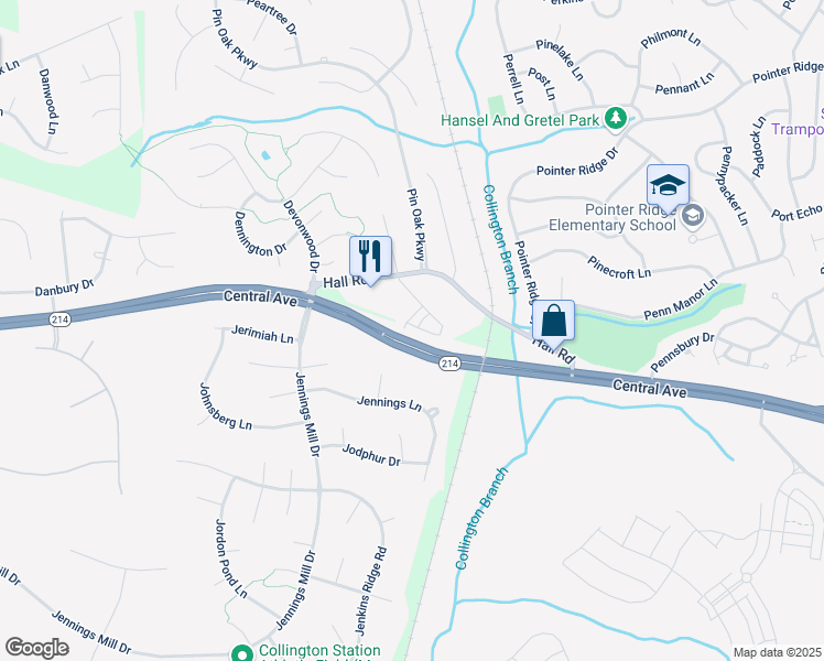 map of restaurants, bars, coffee shops, grocery stores, and more near 904 Hall Station Drive in Bowie