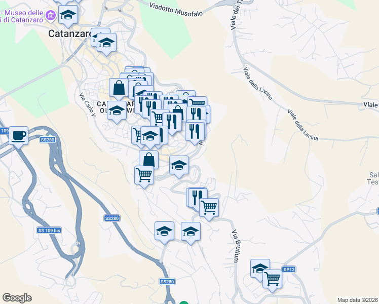 map of restaurants, bars, coffee shops, grocery stores, and more near 24 Via Francesco de Seta in Catanzaro