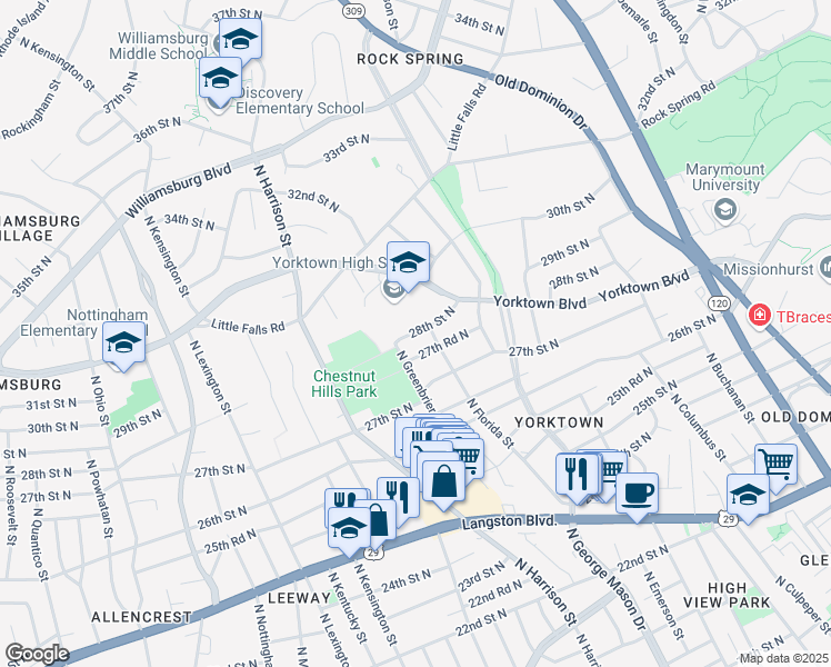 map of restaurants, bars, coffee shops, grocery stores, and more near 5208 28th Street North in Arlington