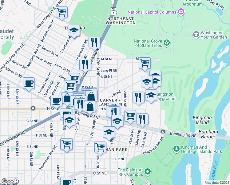 map of restaurants, bars, coffee shops, grocery stores, and more near 1838 I Street Northeast in Washington