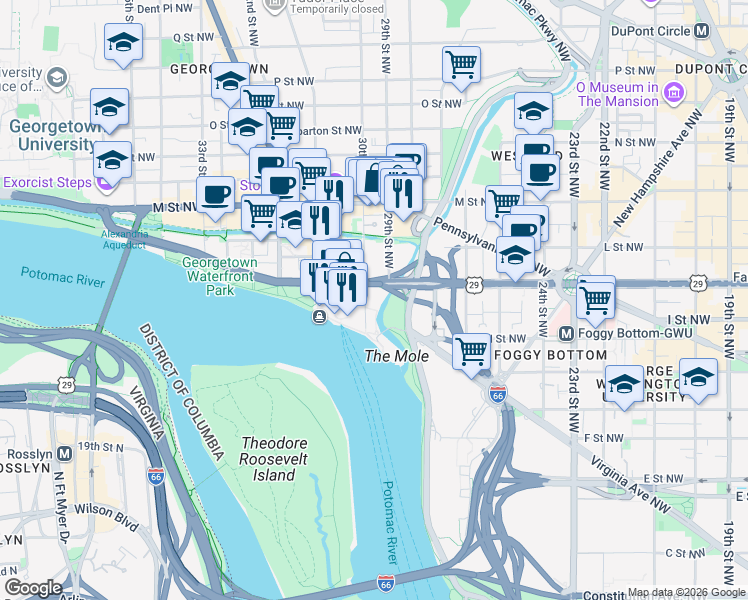 map of restaurants, bars, coffee shops, grocery stores, and more near 2900 K Street Northwest in Washington