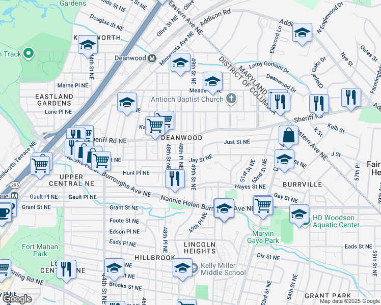 map of restaurants, bars, coffee shops, grocery stores, and more near 914 49th Street Northeast in Washington