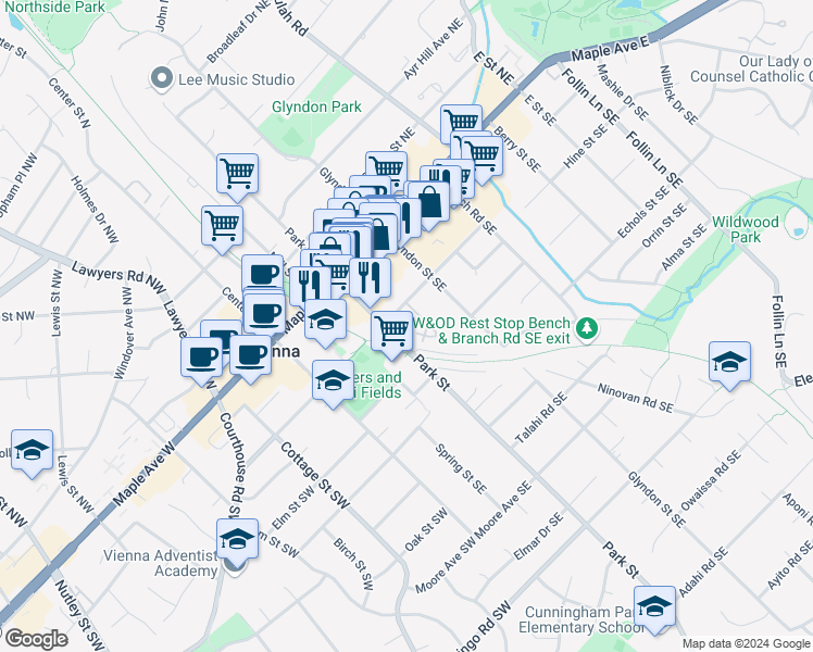 map of restaurants, bars, coffee shops, grocery stores, and more near 211-C Locust Street Southeast in Vienna