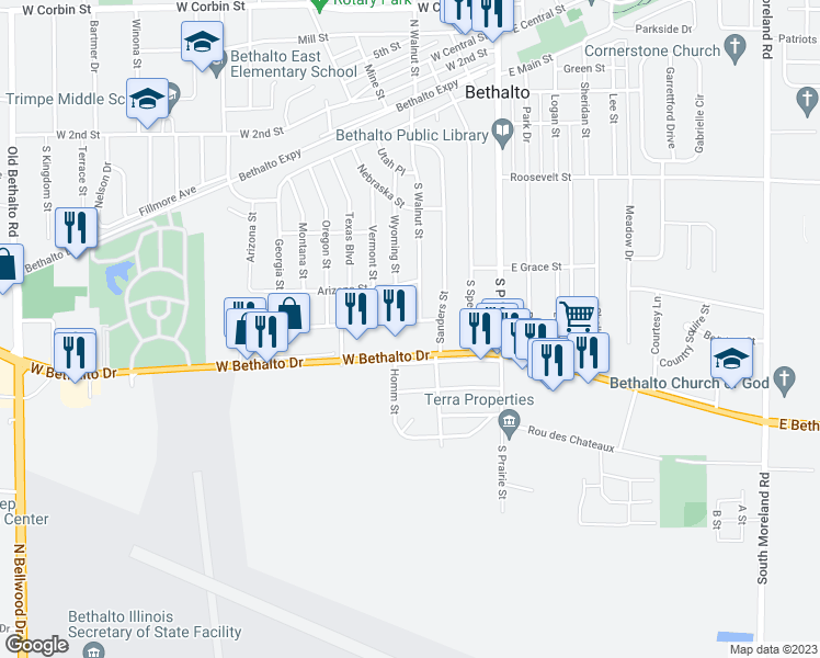 map of restaurants, bars, coffee shops, grocery stores, and more near 505 Kansas Street in Bethalto