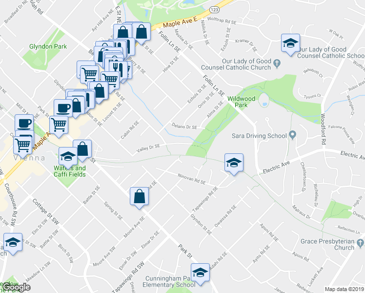 map of restaurants, bars, coffee shops, grocery stores, and more near 609 Valley Drive Southeast in Vienna