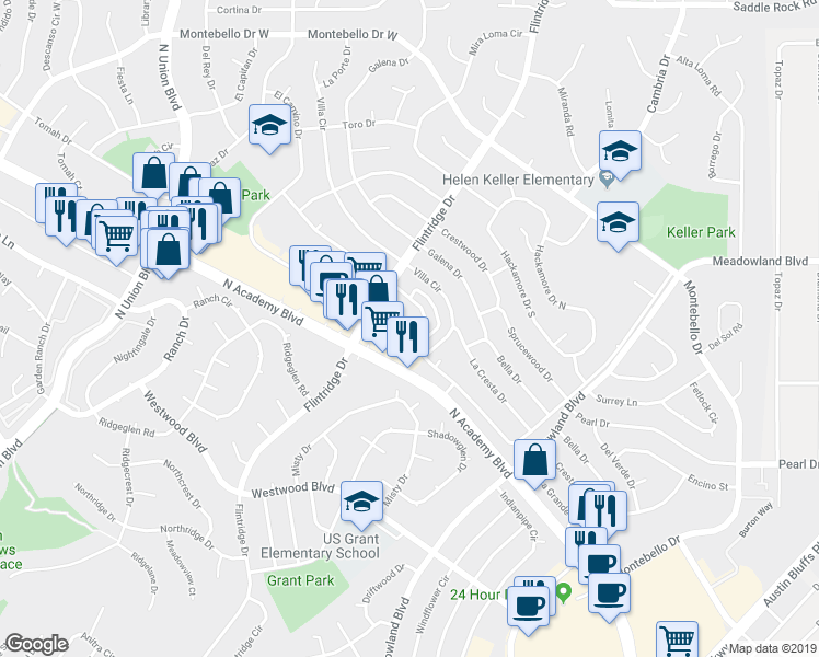 map of restaurants, bars, coffee shops, grocery stores, and more near 4875 El Camino Drive in Colorado Springs