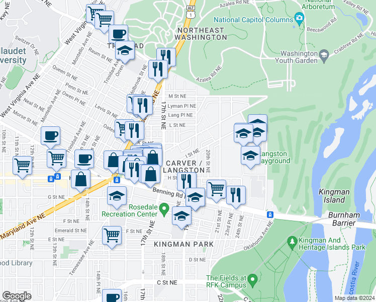map of restaurants, bars, coffee shops, grocery stores, and more near 101 Independence Avenue Southeast in Washington