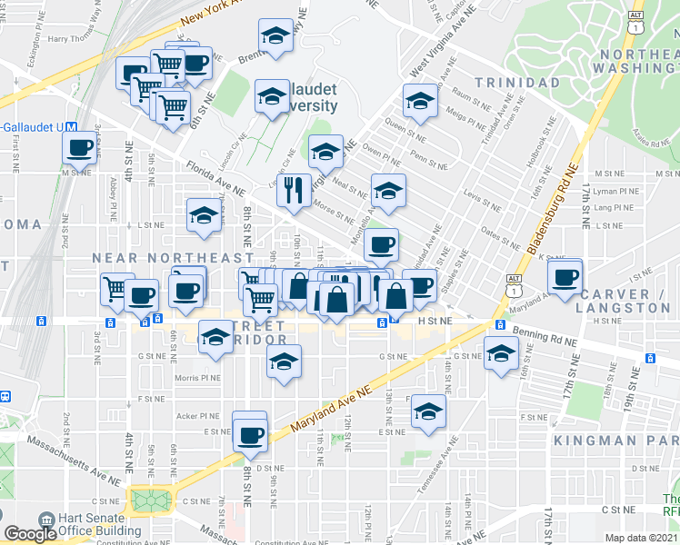 map of restaurants, bars, coffee shops, grocery stores, and more near 101 Independence Avenue Southeast in Washington