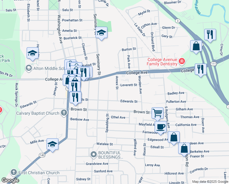 map of restaurants, bars, coffee shops, grocery stores, and more near 263 Annex Street in Alton
