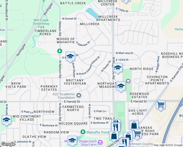 map of restaurants, bars, coffee shops, grocery stores, and more near 1416 North Prince Edward Island in Olathe